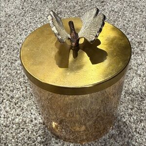 Gold Glass Vanity Jar with Decorative Dragonfly Lid Older Some Wear